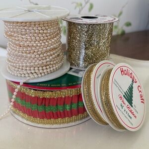 Vintage Wired Ribbon Spools Lot of 5 Gold - Faux Pearl Beads - Kurt Adler